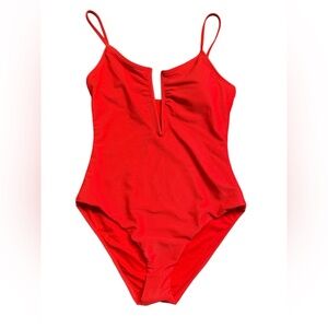 SPLENDID red metal V front plunge one piece unpadded swimsuit size Medium NWT
